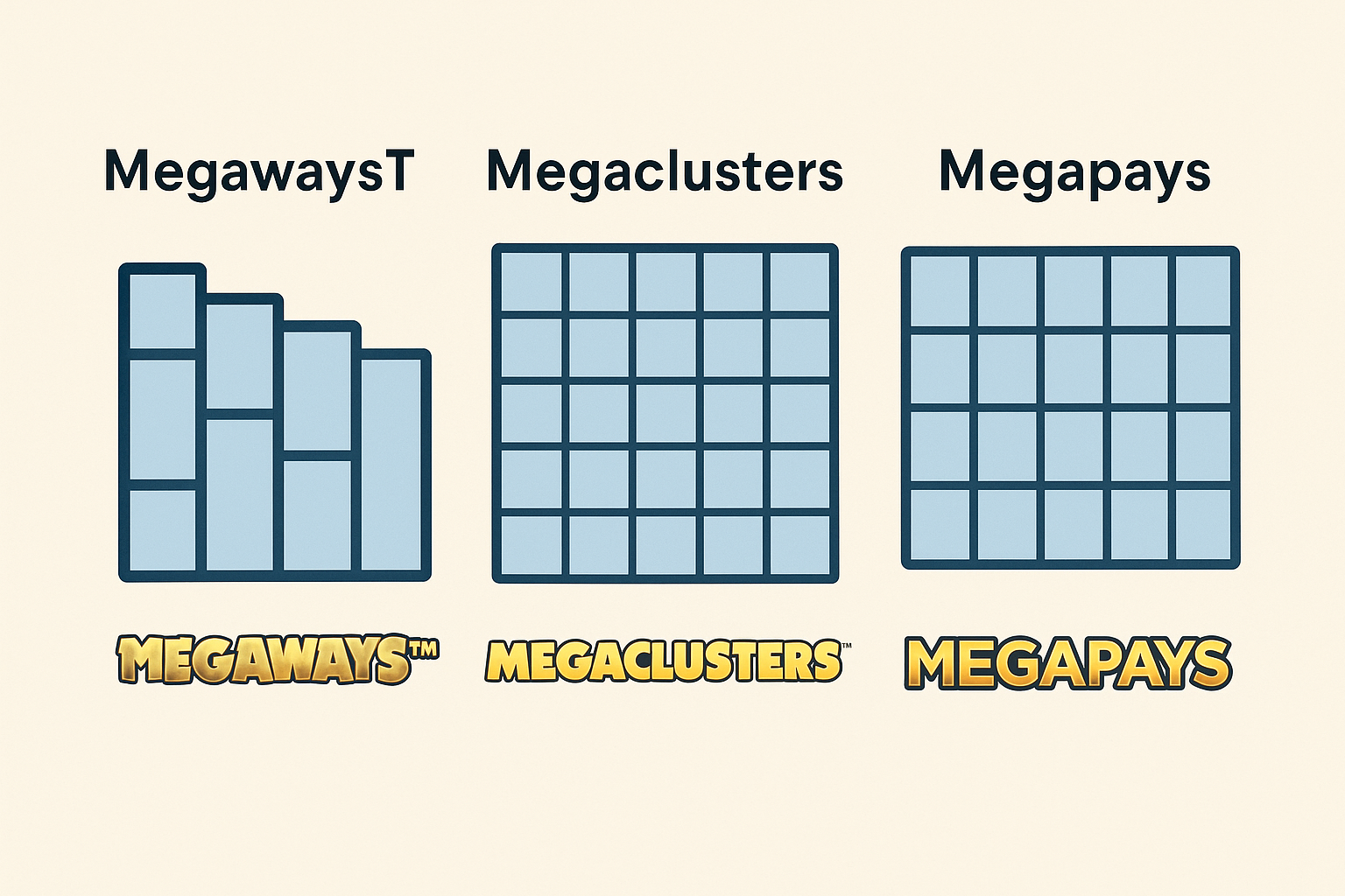 Infographie comparant les mécaniques Megaways™, Megaclusters™ et Megapays™ avec leurs grilles distinctes.